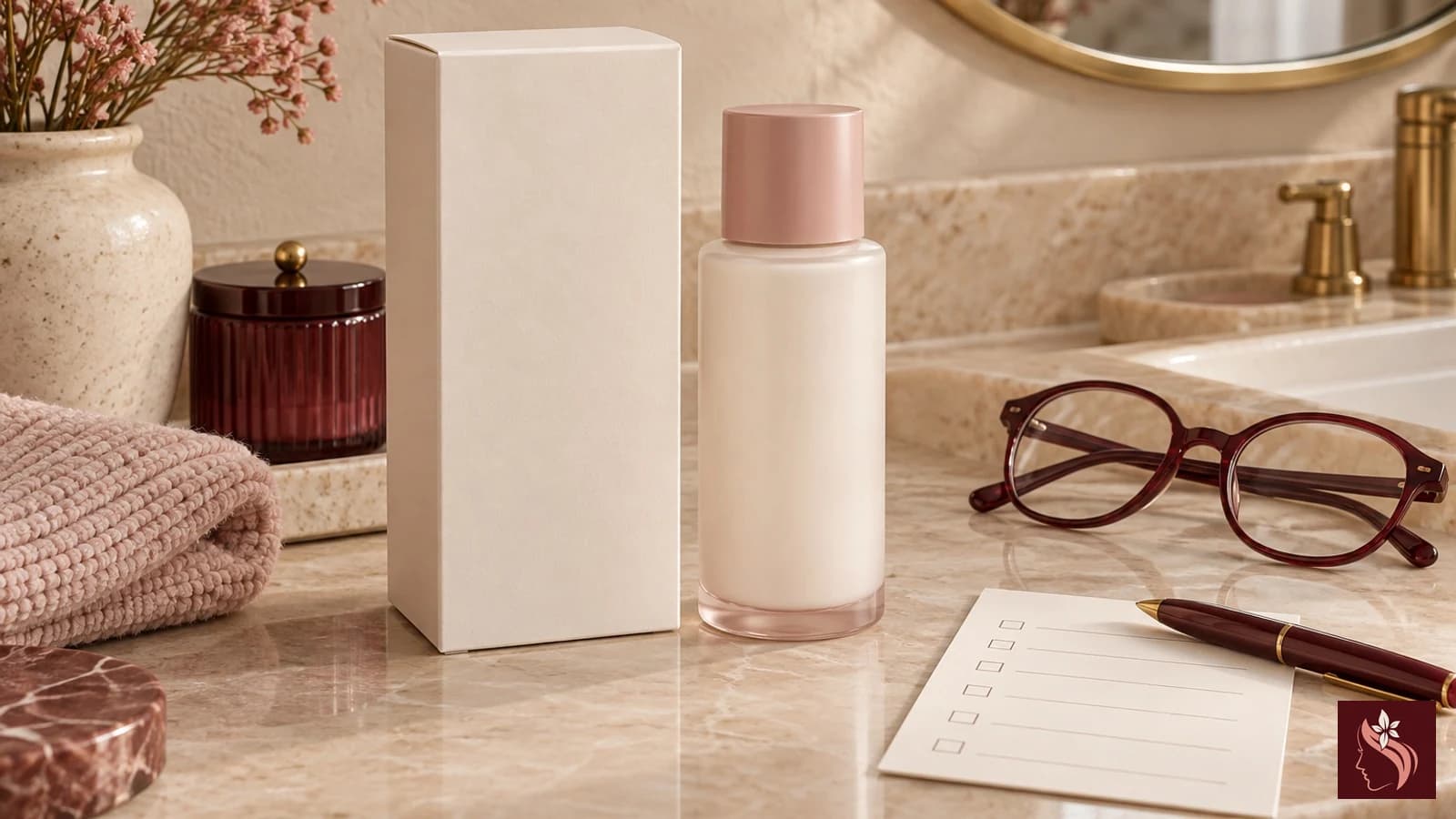 Plain bottle, blank checklist and reading glasses on a cream countertop
