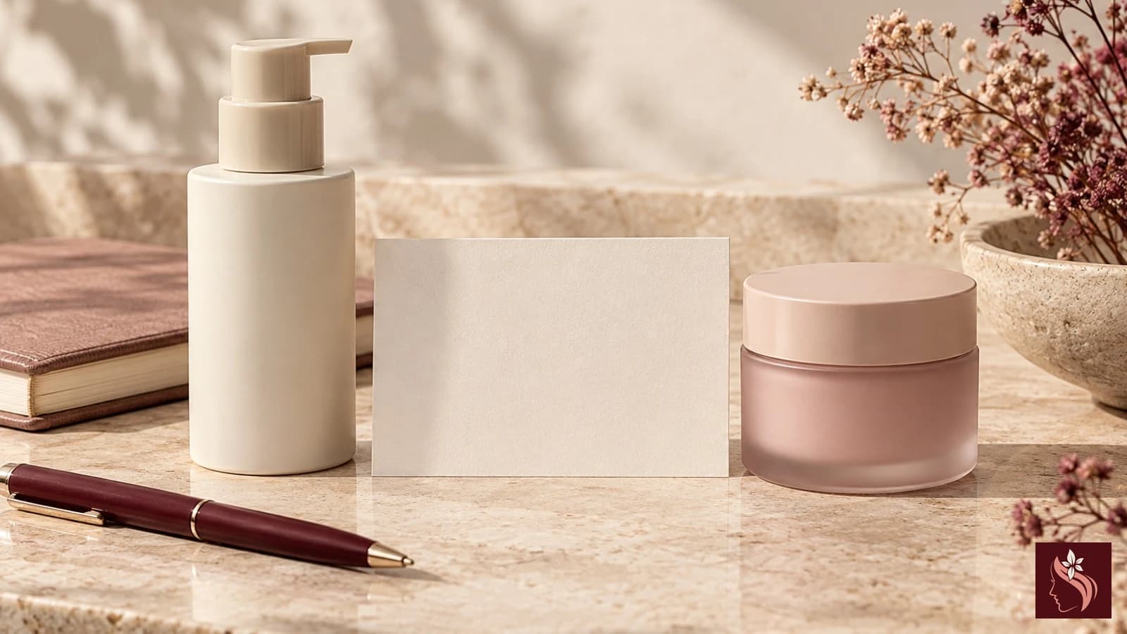 Two unbranded skincare packages with a blank paper checklist on a vanity