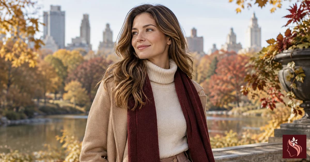 Woman wearing a timeless layered autumn outfit, complete head and hair visible