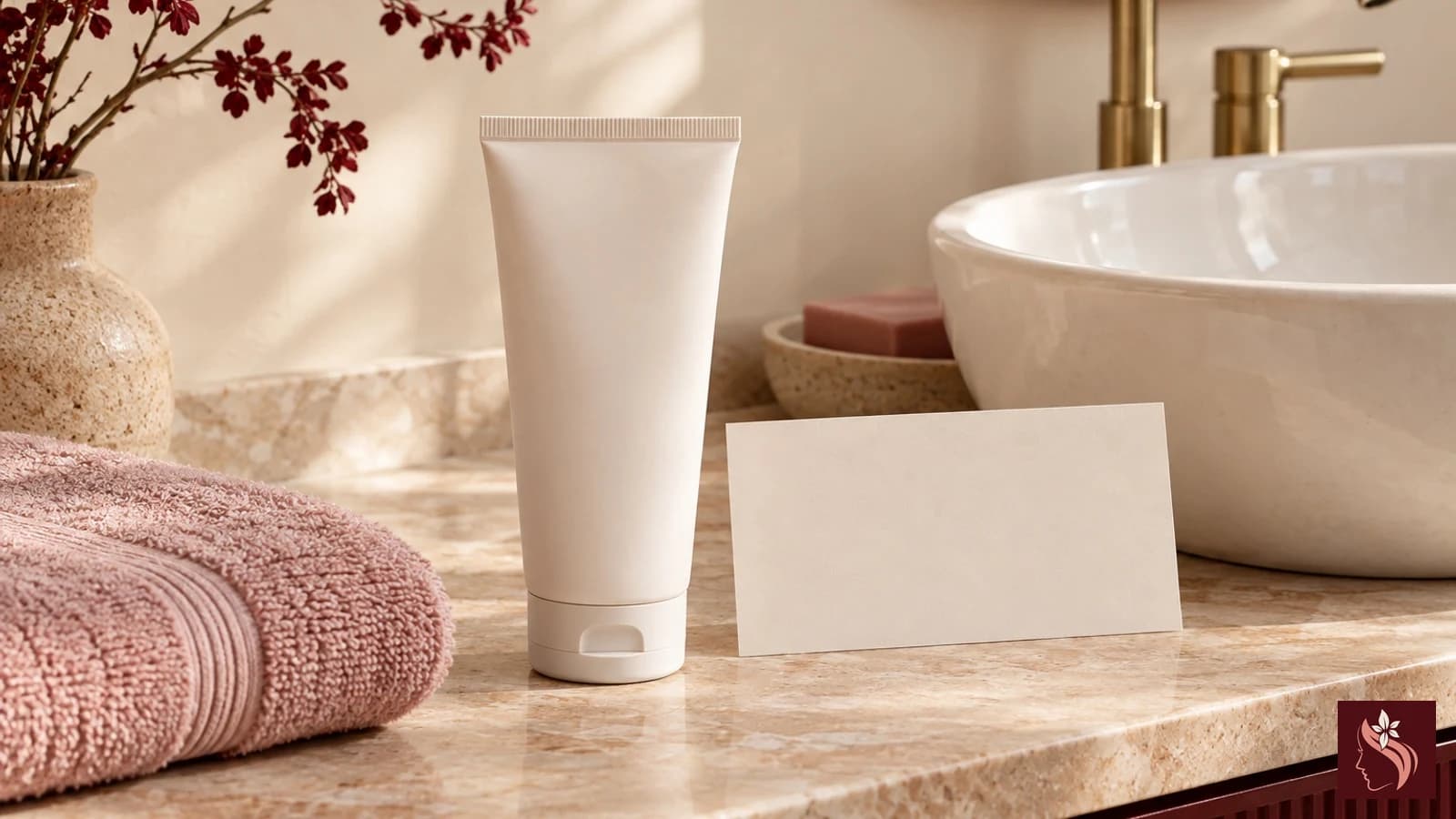 Generic cleanser bottle beside an unmarked rinse-direction card, no legible text