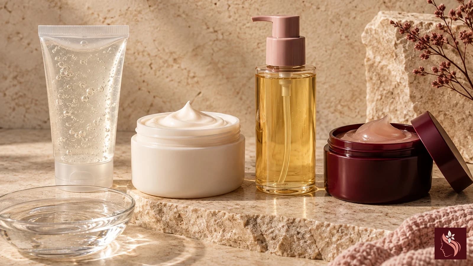 Four plain cleanser formats in gel, cream, oil and balm arranged as editorial still life