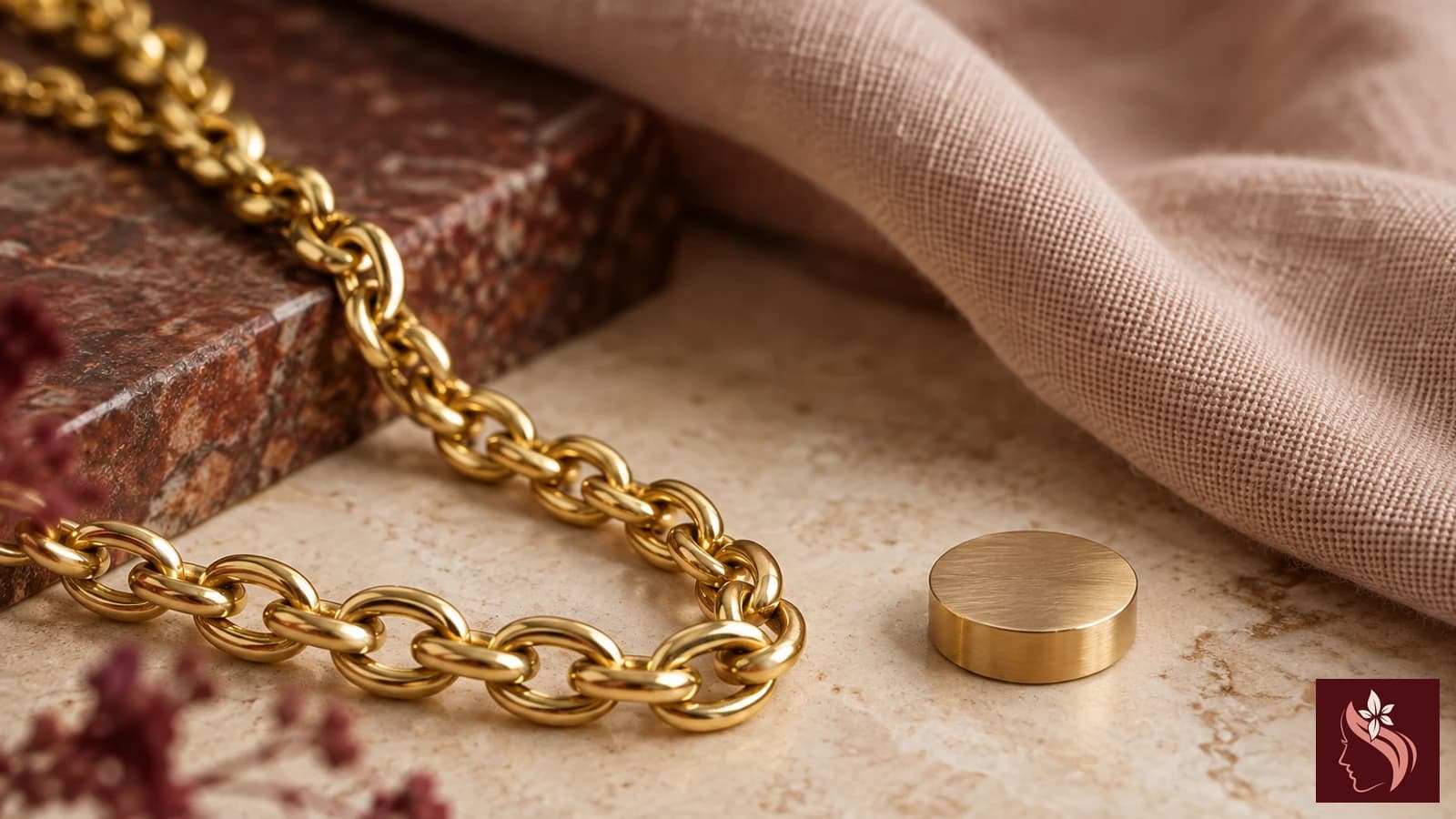 Unbranded jewelry beside a blank material card for a listing-review example