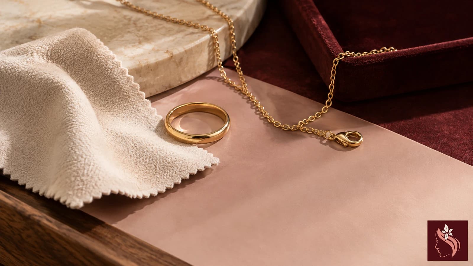 A jewelry-care cloth and several gold-tone pieces in a calm still life