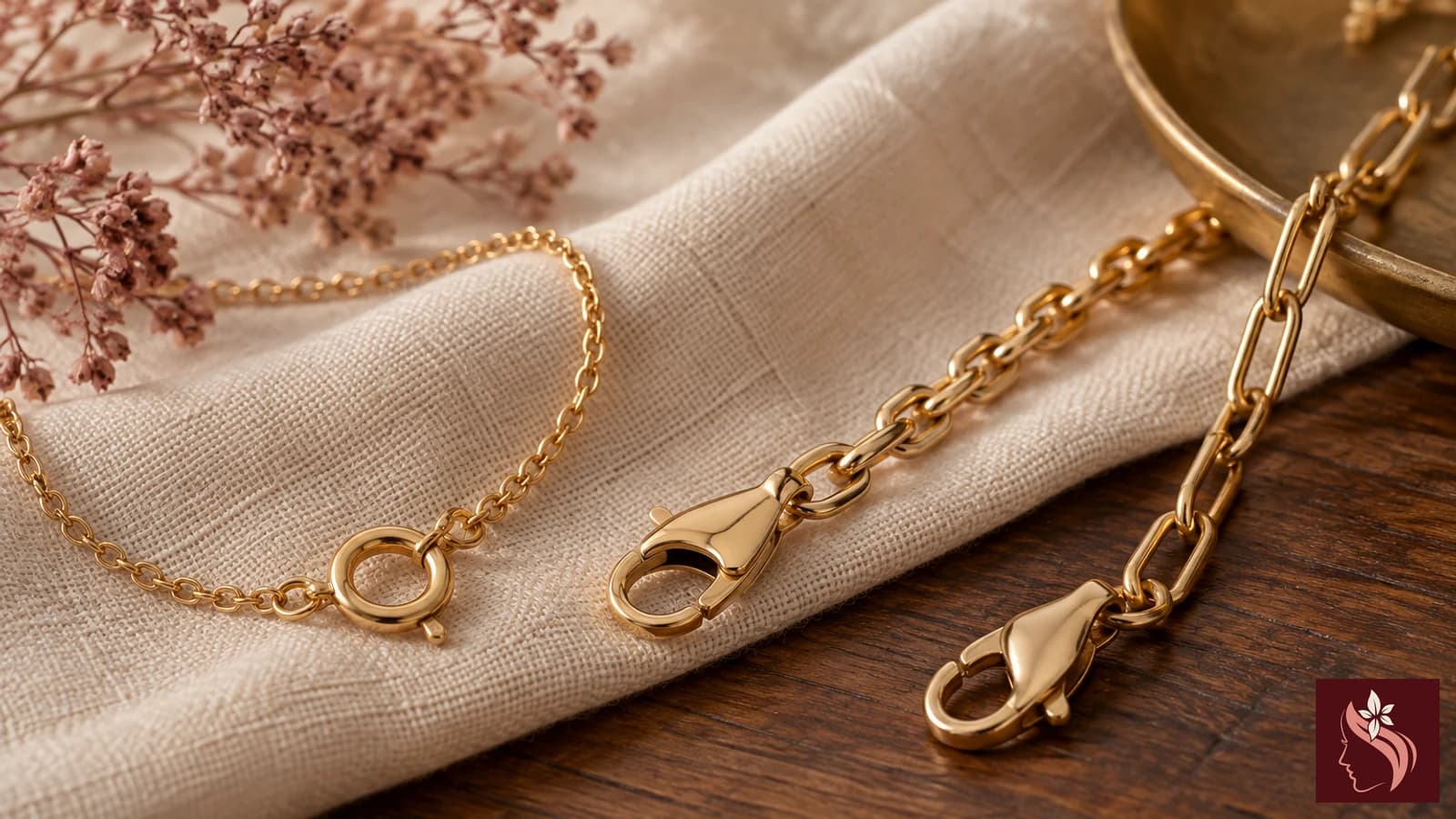 Close view of gold-tone chain links and clasps illustrating the need to check construction details