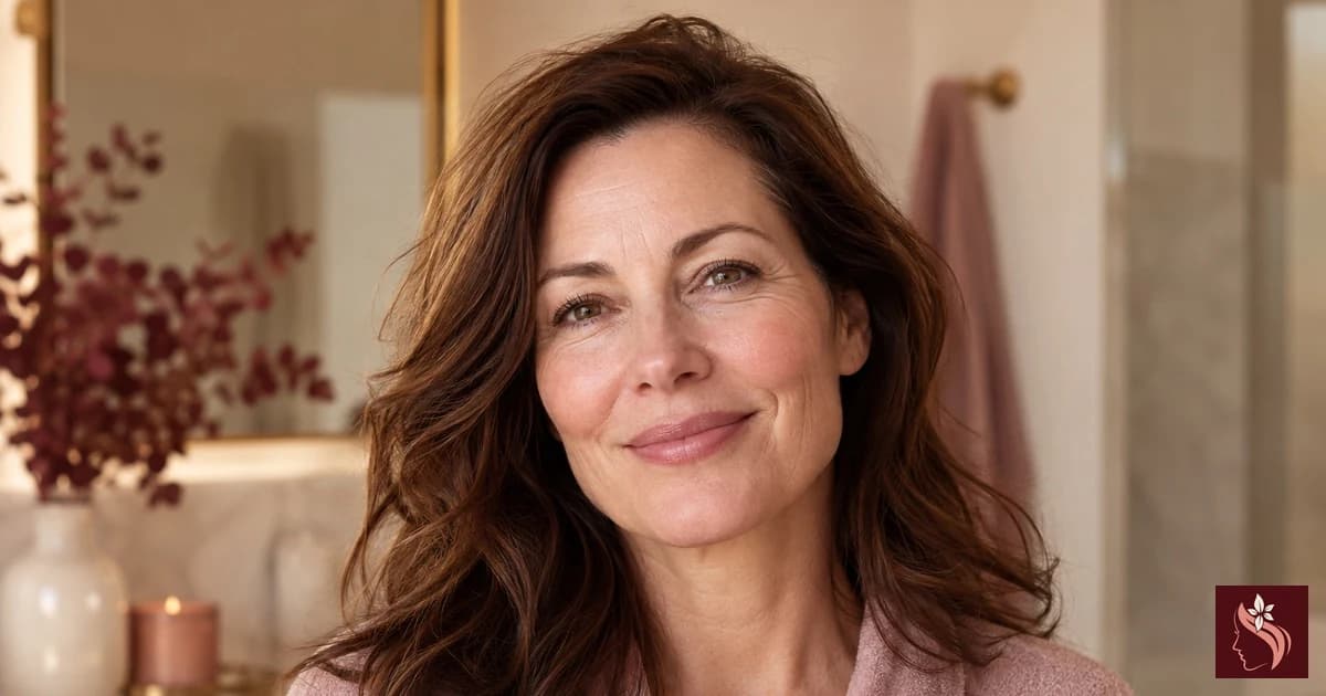 Woman at a warm neutral bathroom vanity, full head and shoulders visible