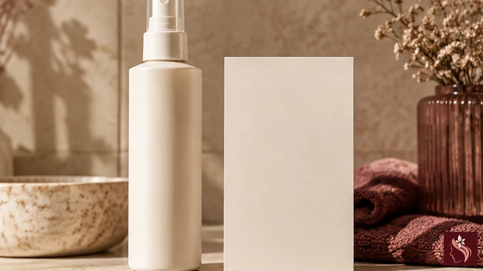 Unbranded hair styling tools and blank label card arranged on a counter