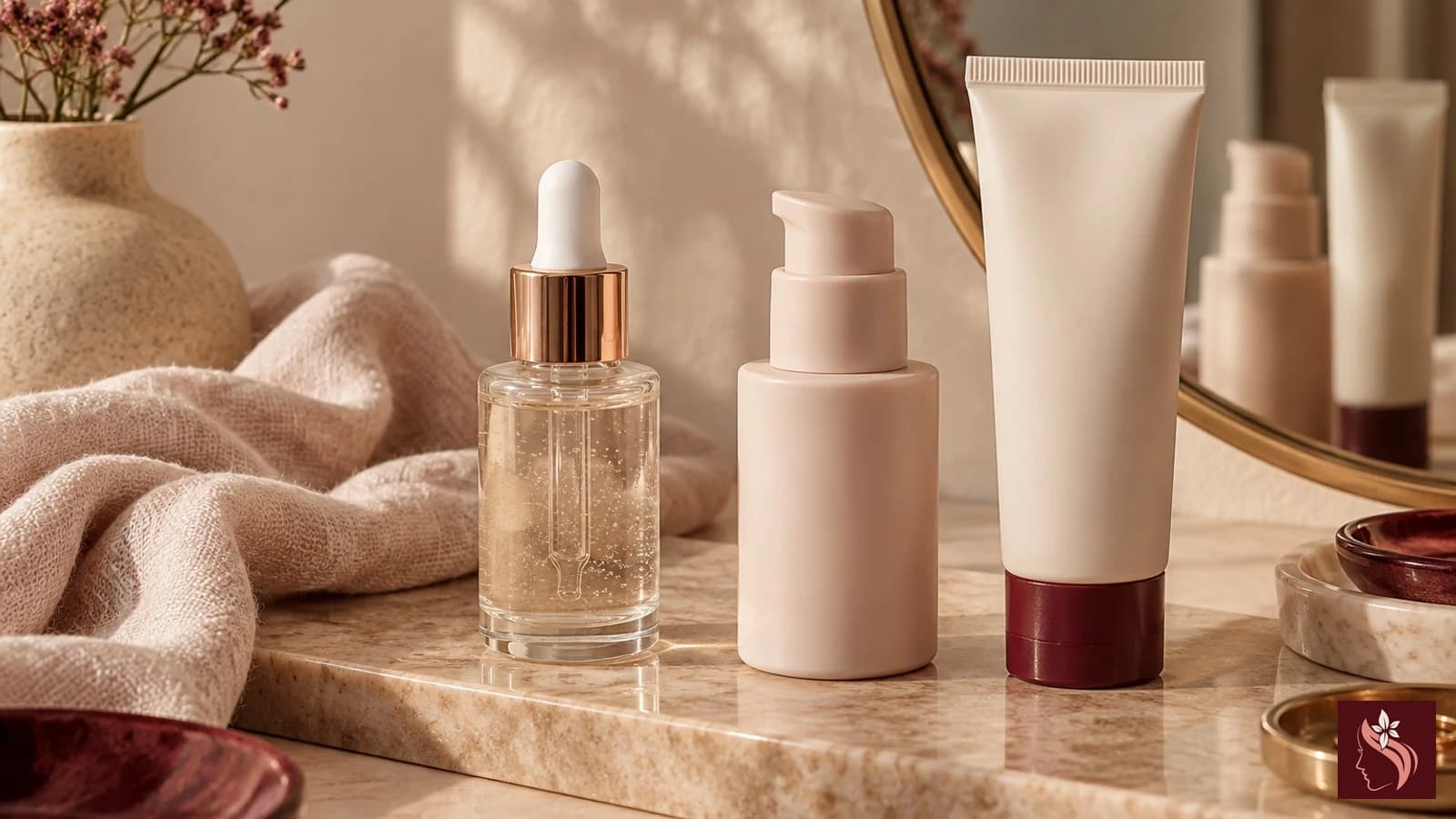 Unbranded serum dropper bottles arranged by formula base on a cream vanity
