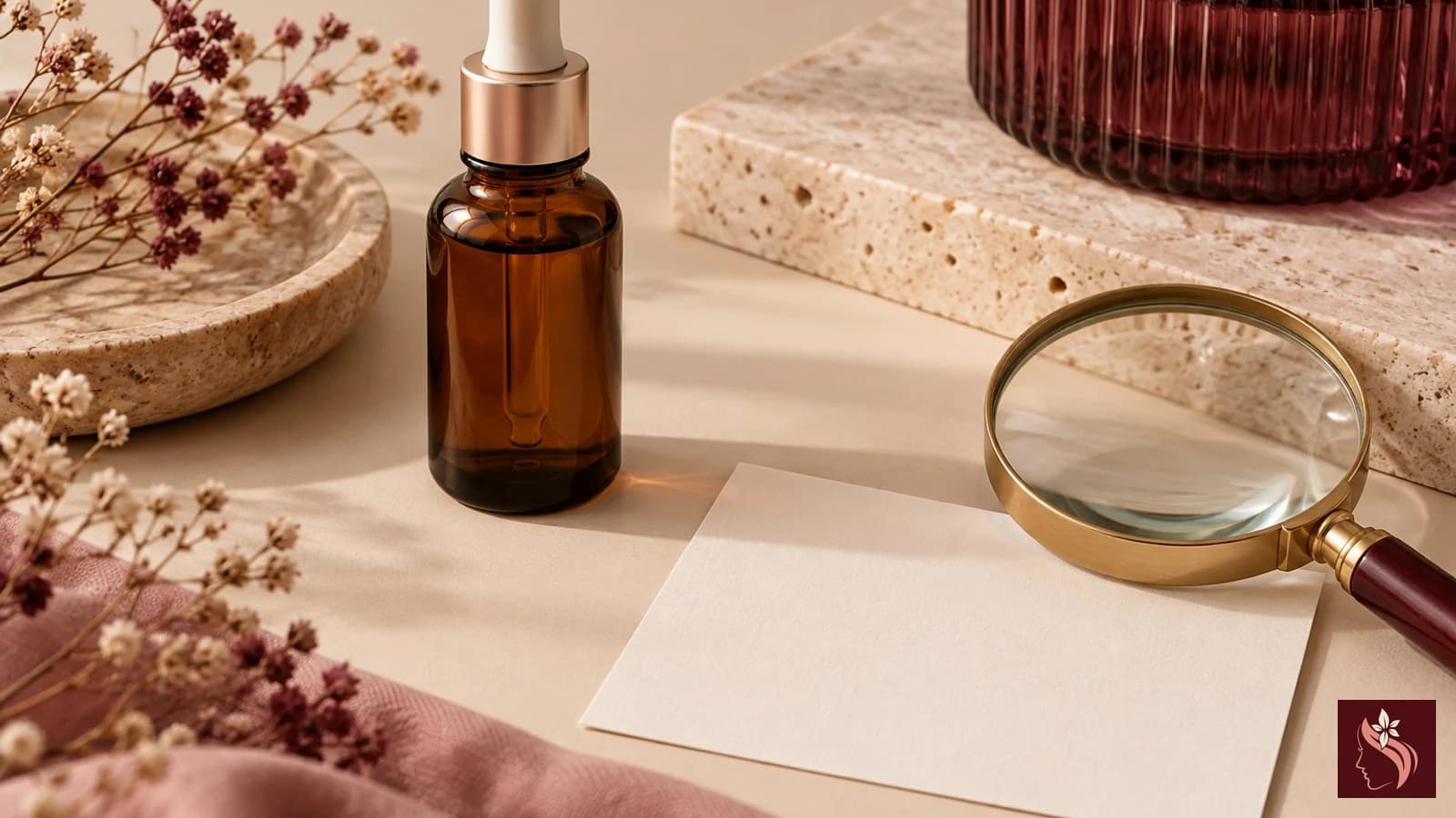 Generic serum bottle and ingredient card on a neutral counter, no legible text
