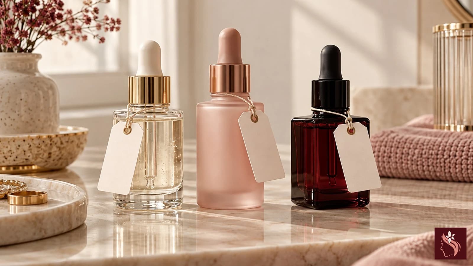 Unbranded vitamin serum bottles in different glass formats arranged in warm light