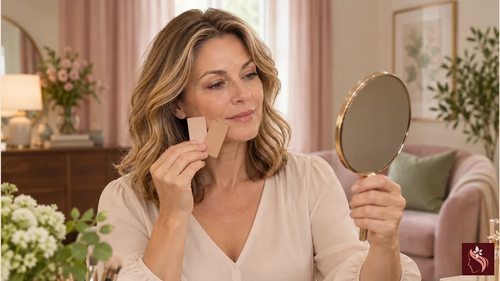 Woman in her late 40s comparing two foundation swatches with a mirror, full head and hair visible