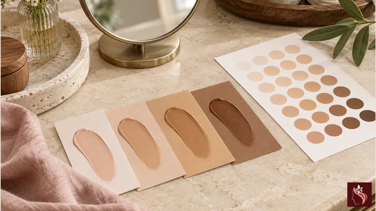 Unbranded foundation swatch cards arranged beside a vanity mirror in natural light