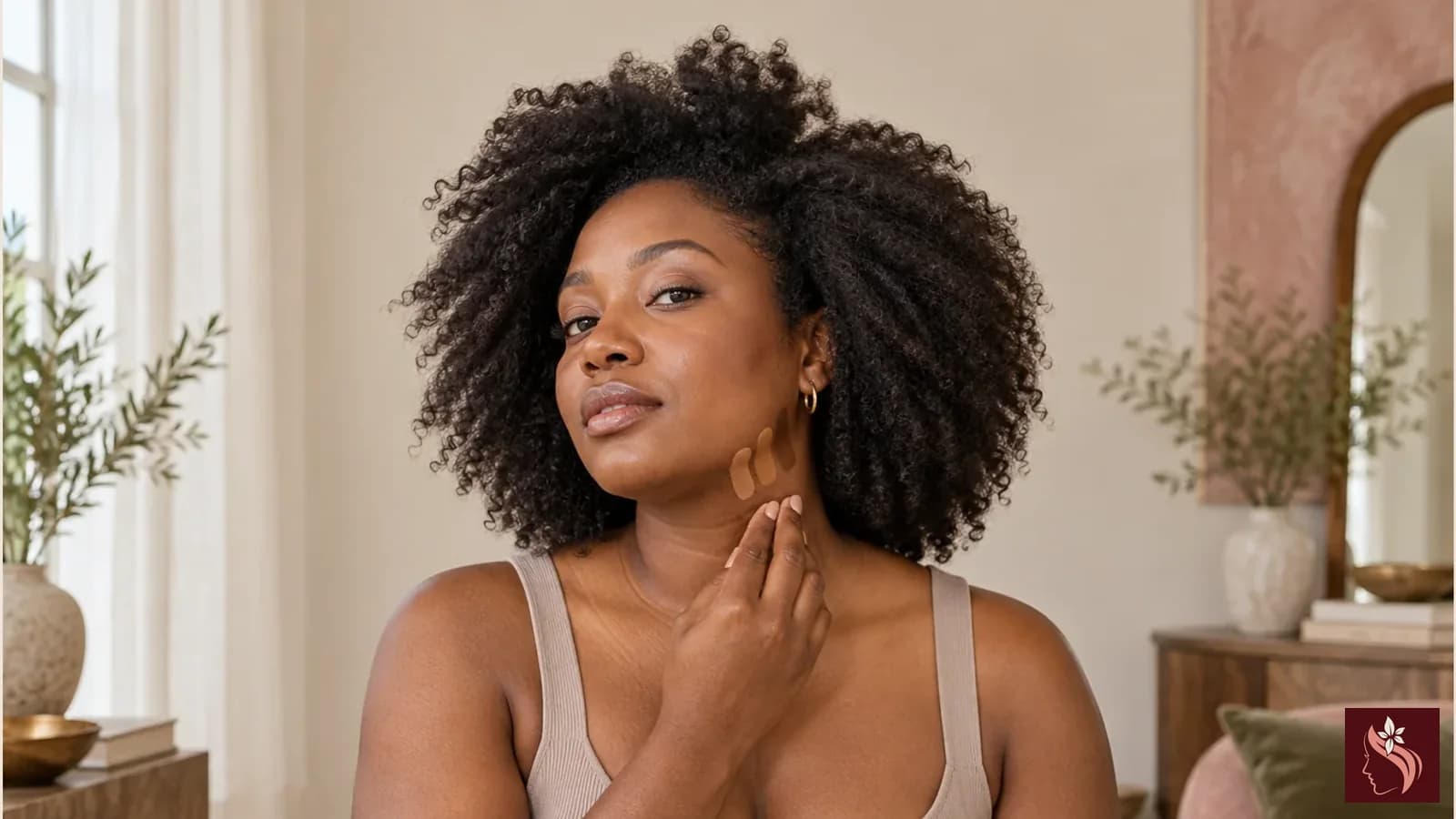 Black woman comparing complexion swatches along her jaw, with full head, natural curls, and shoulders visible
