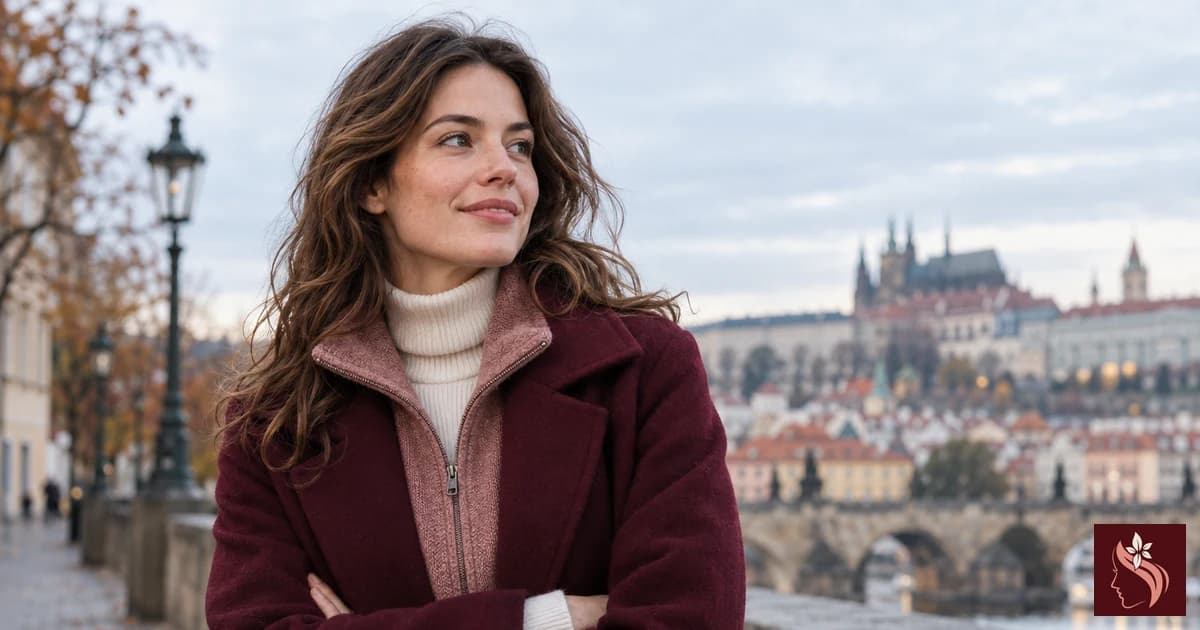Woman in a cream base layer, dusty pink mid-layer, and burgundy coat, full head and hair visible