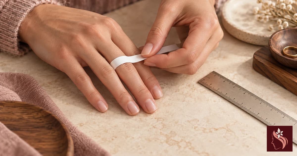 Ring sizing tools arranged on walnut and cream fabric in one editorial scene