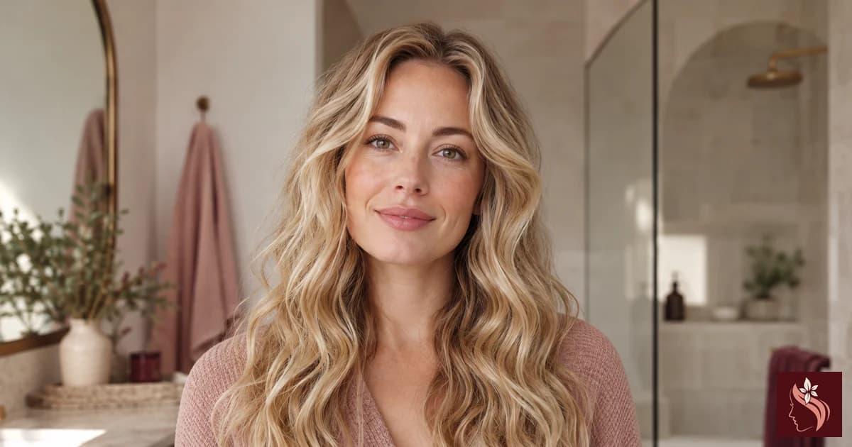 Woman with wavy blonde hair, complete head visible in neutral bathroom