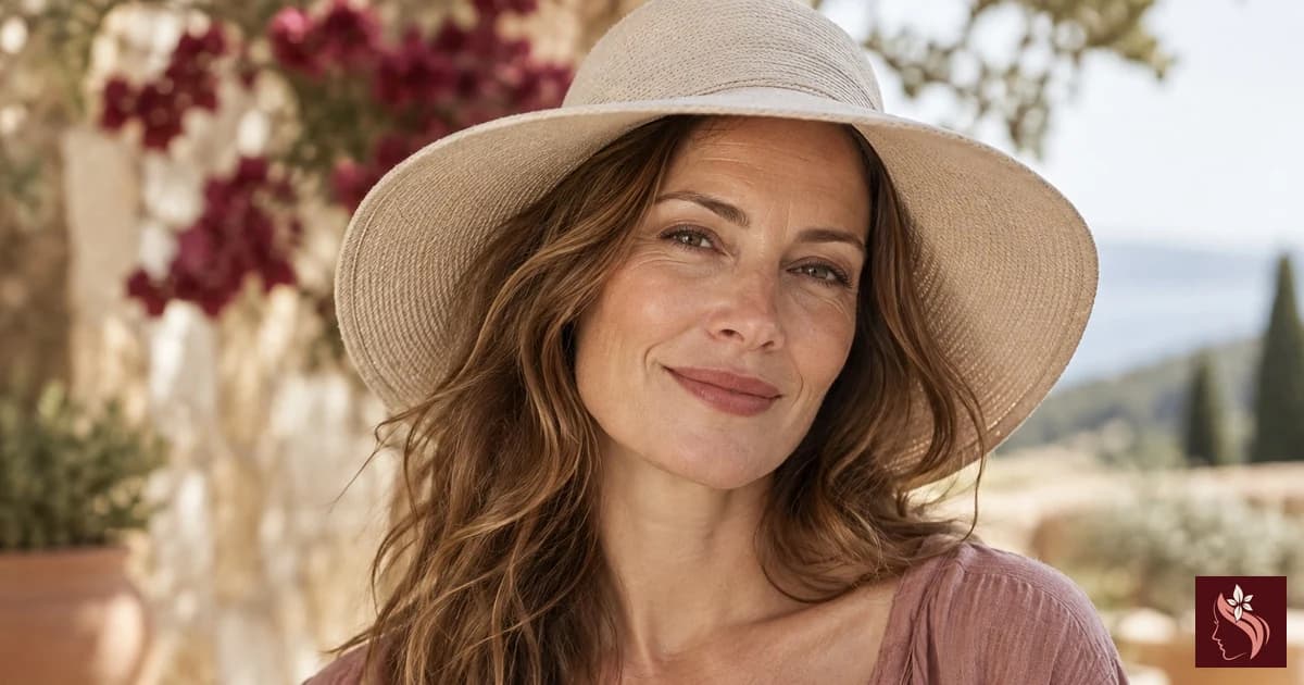 Woman outdoors in a sun hat and soft shade, full head and shoulders visible