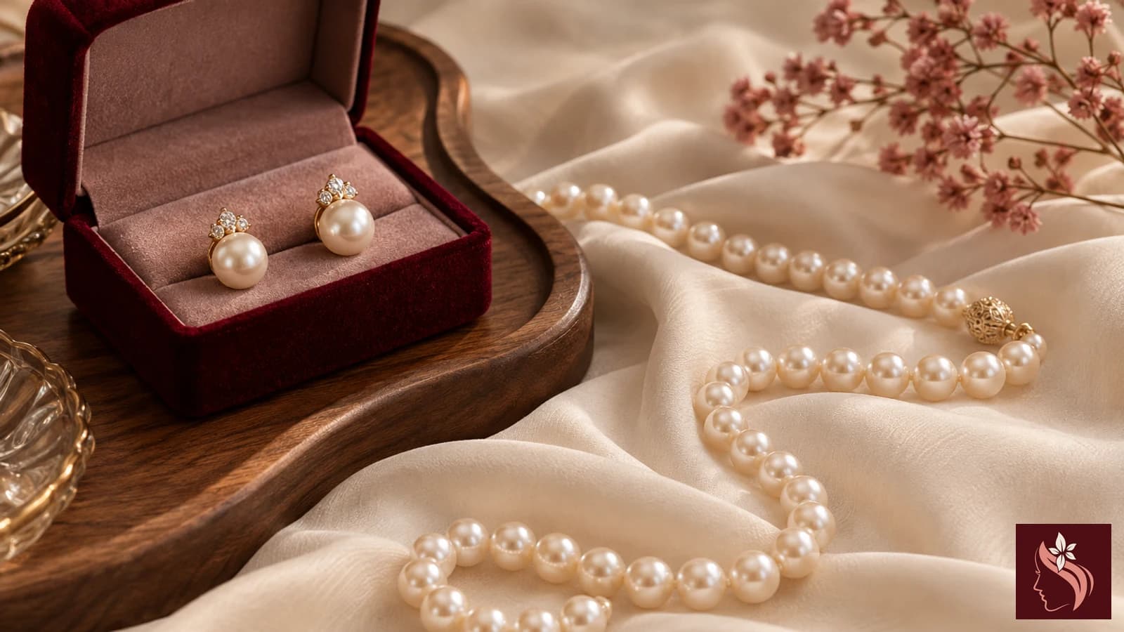 Pearl jewelry stored beside a soft cloth in a burgundy-lined box