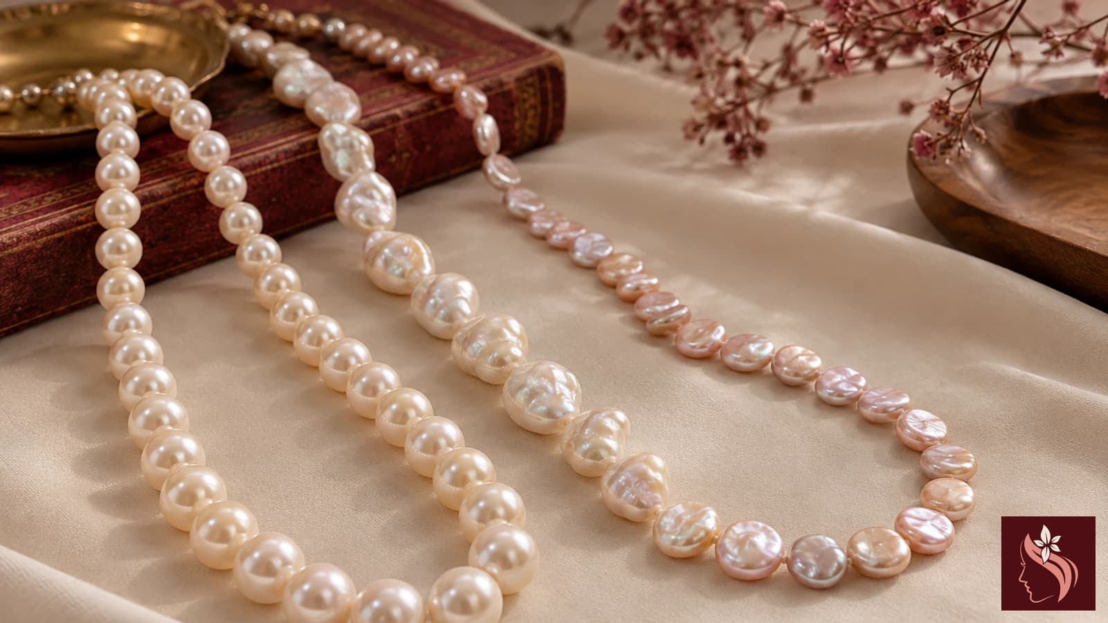 A pearl strand clasp and silk thread shown in a close single-scene still life