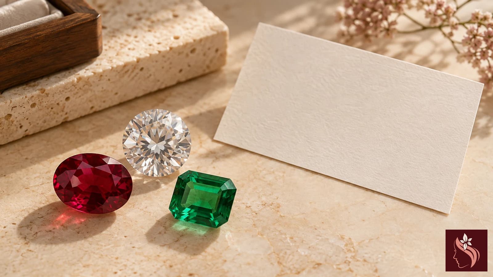 A clear, red and green gemstone still life, not an authenticity test