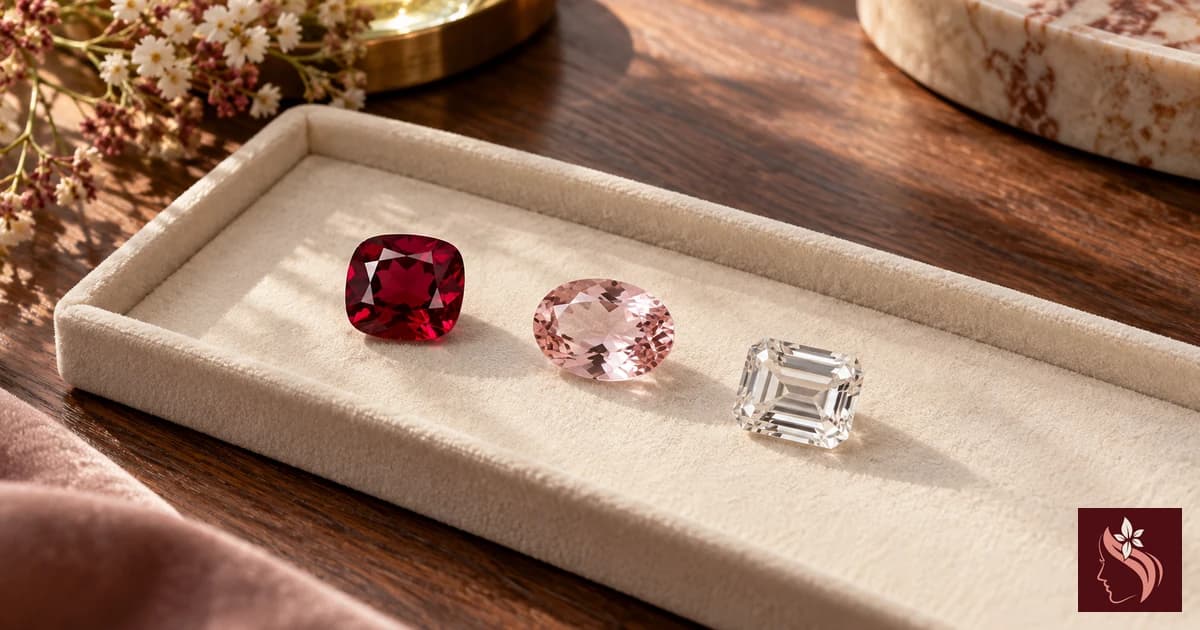 Loose colored gemstones on a cream tray with a blank notebook, illustrative only