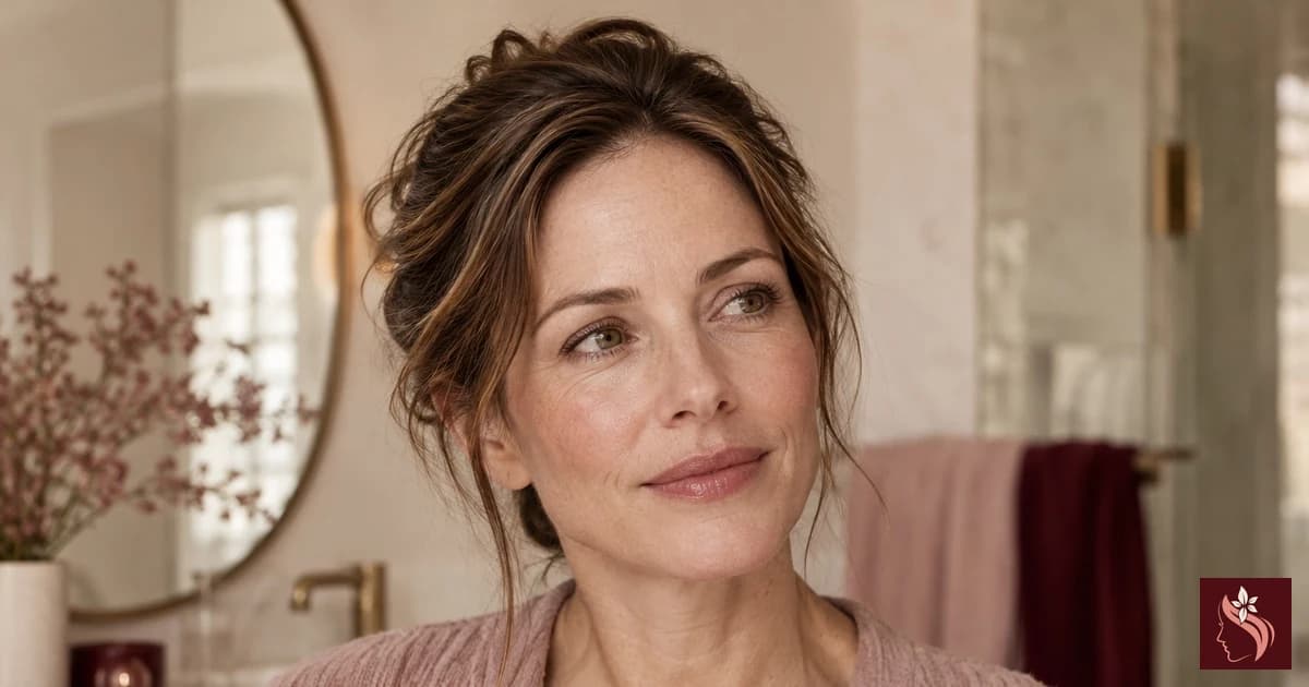 Adult woman considering skincare at a vanity, full head visible and hands out of frame