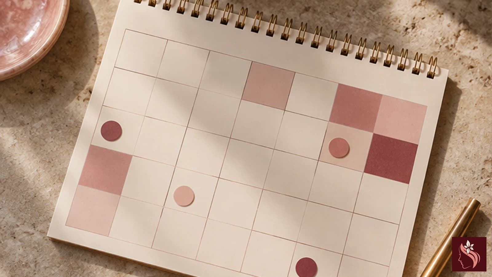 Color swatches and a towel beside a simple care calendar