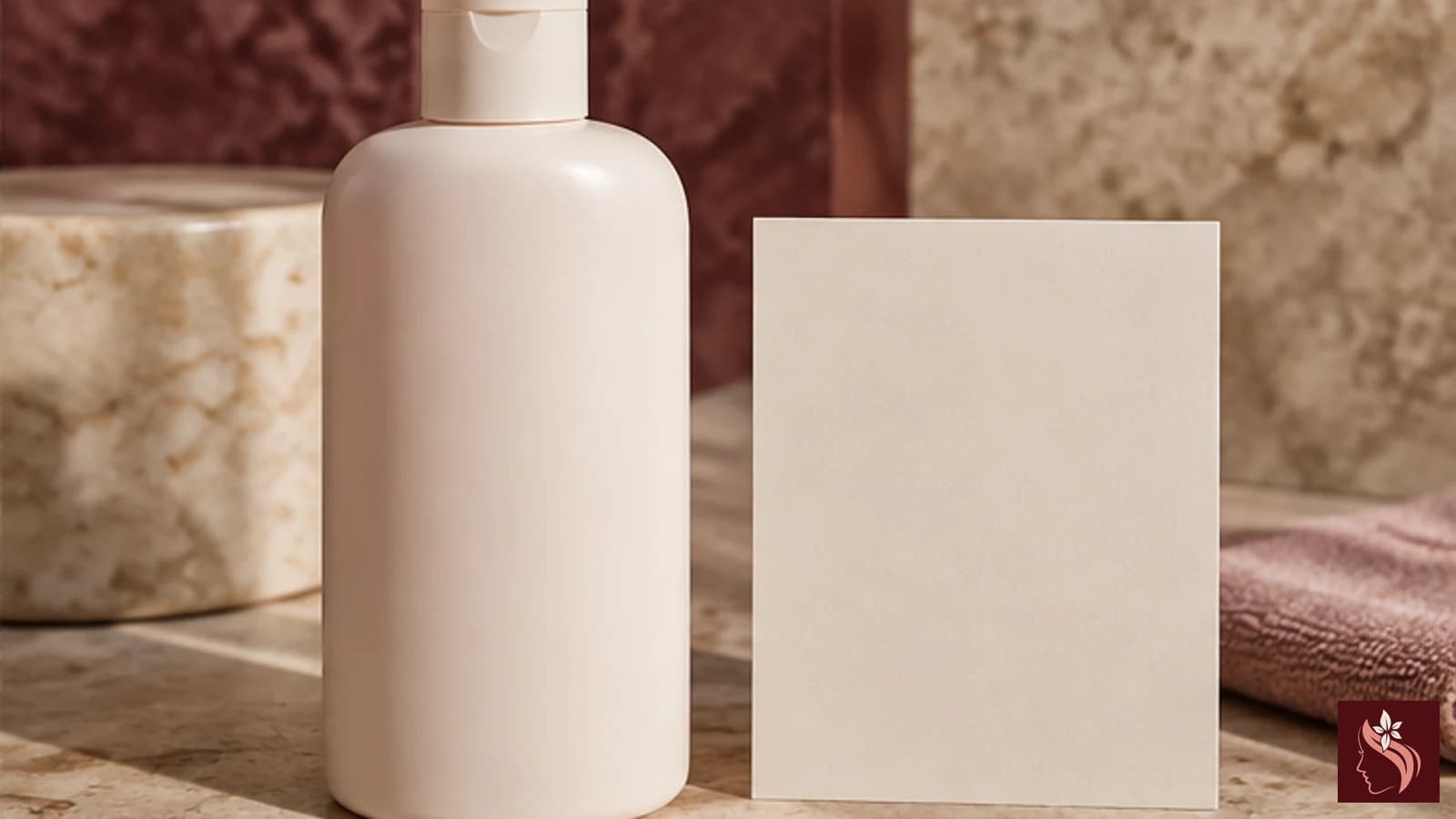 Blank shampoo container and non-legible label card on a vanity