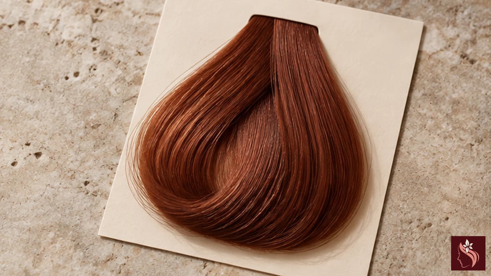 Auburn hair swatch and neutral care materials on cream linen