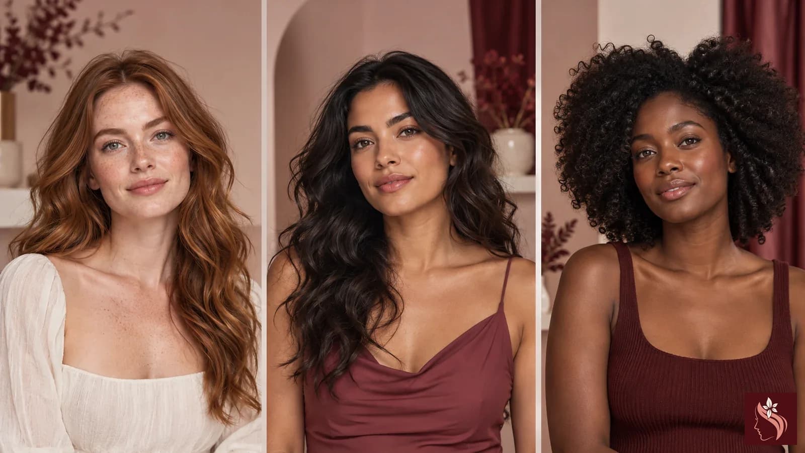 Three women with fair, medium, and deep skin tones shown chest-up with their full heads and hair visible