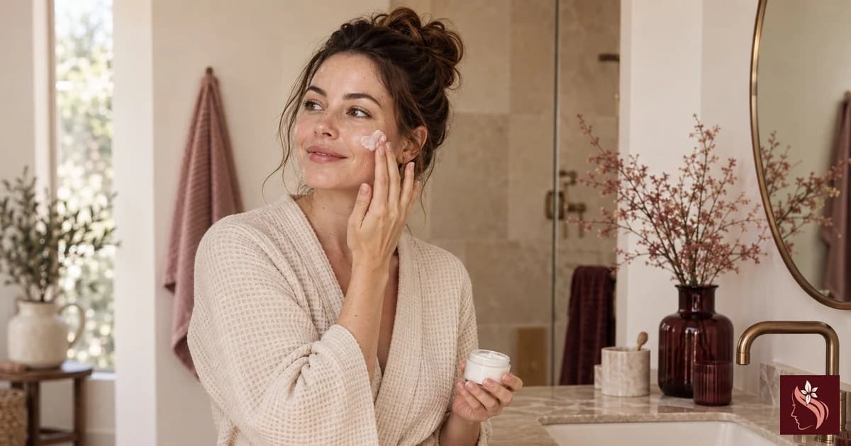 Woman applying moisturizer in a bright bathroom, complete head and hair visible